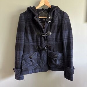 Guess Black and Gray Plaid Toggle Coat